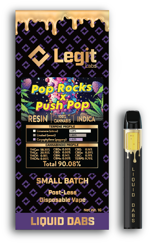 Photograph of product: Legit Labs | Postless Disposable Vapor Cartridge | Cured Resin | Pop Rocks x Push Pop