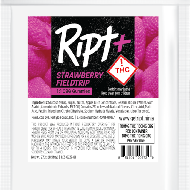 Photograph of product: Strawberry Fieldtrip 1:1 100mg TH-oui / 100mg CBG Sour Gummies