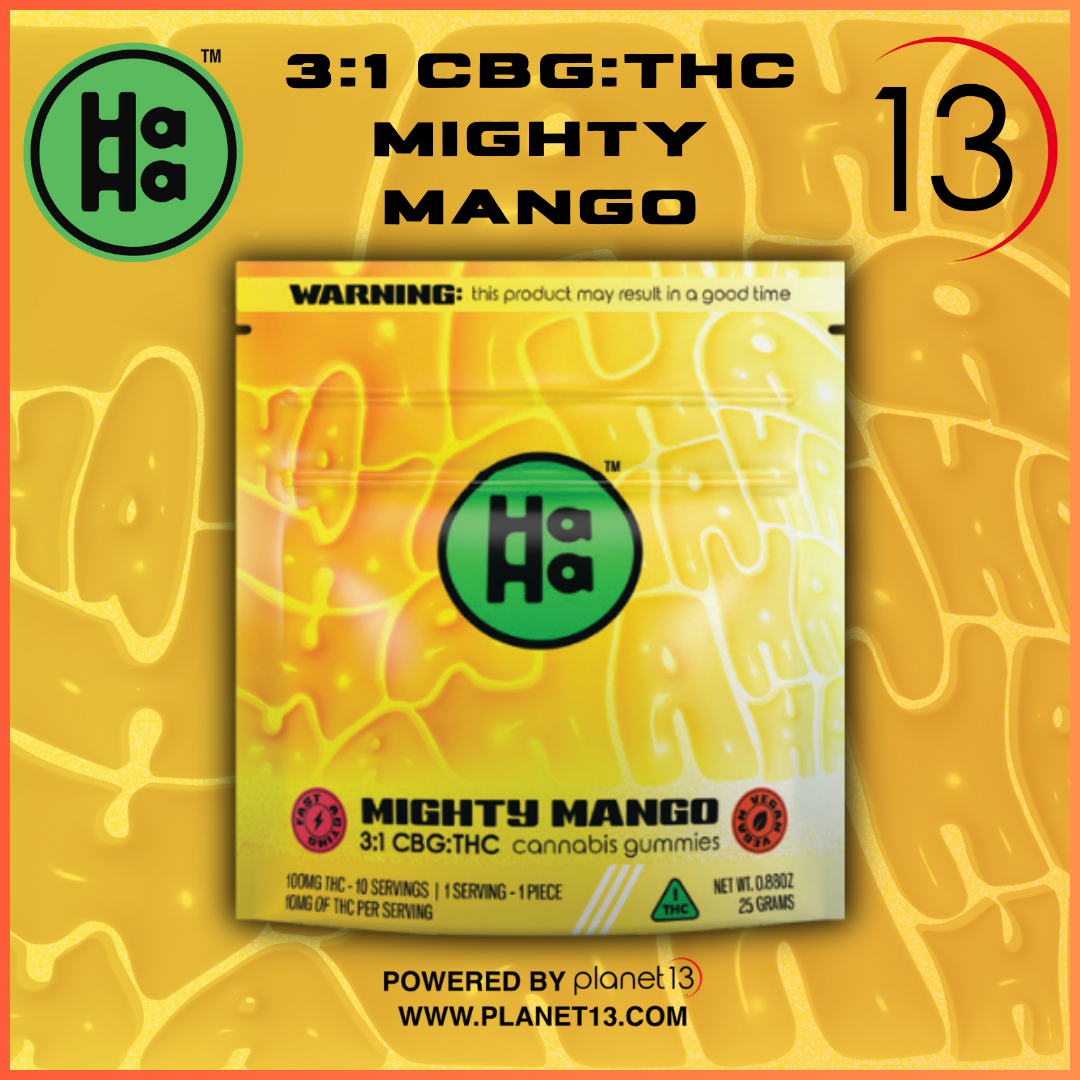 Photograph of product: HaHa Mighty Mango 3:1 CBG:TH-oui Gummies