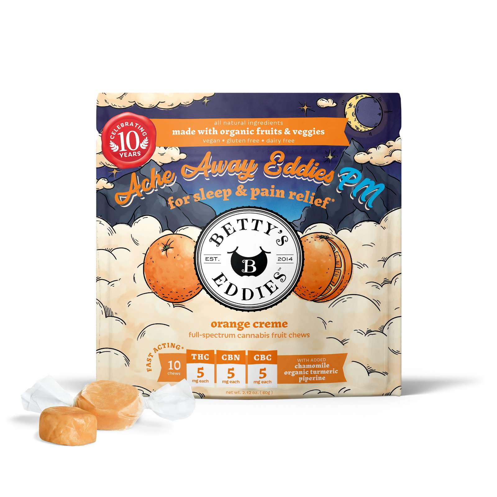 Photograph of product: Ache Away Eddies PM  Orange Cream Fruit Chews (1:1:1 TH-oui:CBC:CBN)