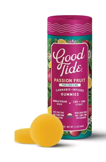 Photograph of product: GOOD TIDE | 200MG 1:1:1 TH-oui:CBD:CBN au chocolat ROSIN GUMMIES | PASSION FRUIT (Oui'd)