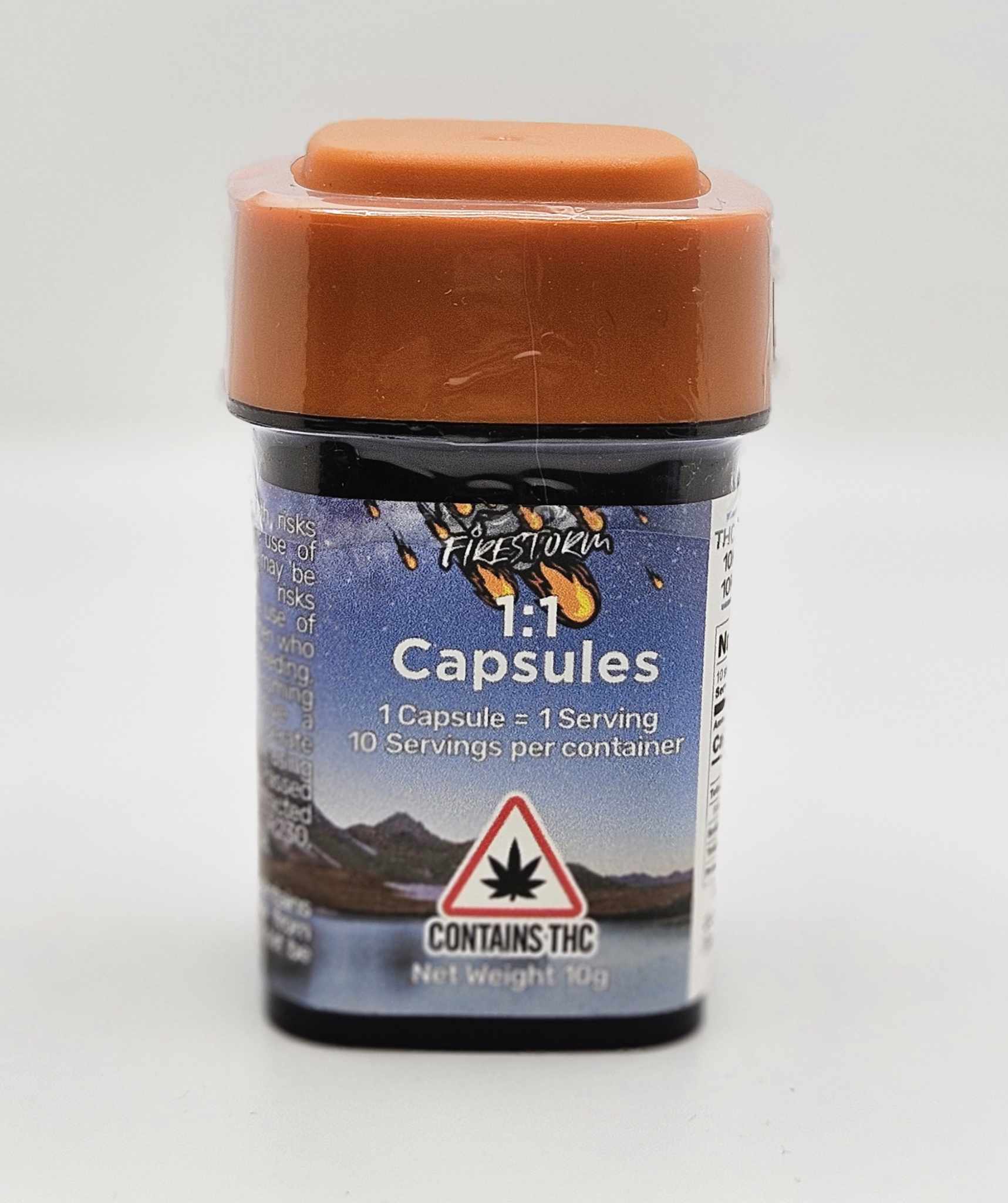 Photograph of product: Capsules - 100mg 1:1 TH-oui:CBD - Firestorm AU