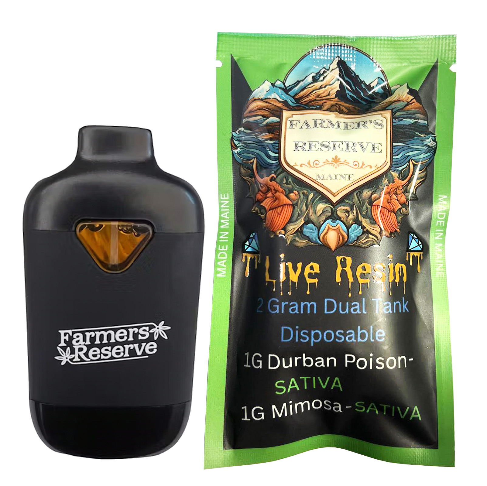 Photograph of product: Farmers Reserve Live Resin Dual Tank Disposable Cart. Durban Poison / Mimosa  2 G