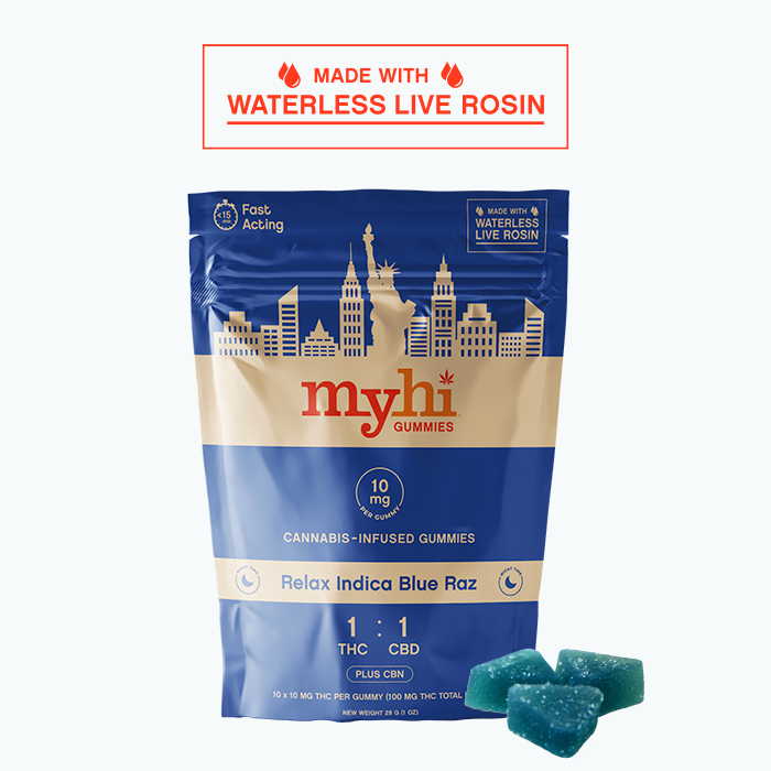 Photograph of product: MyHi Relax Oui'd Blue Raz Gummies- 1:1 TH-oui/CBD