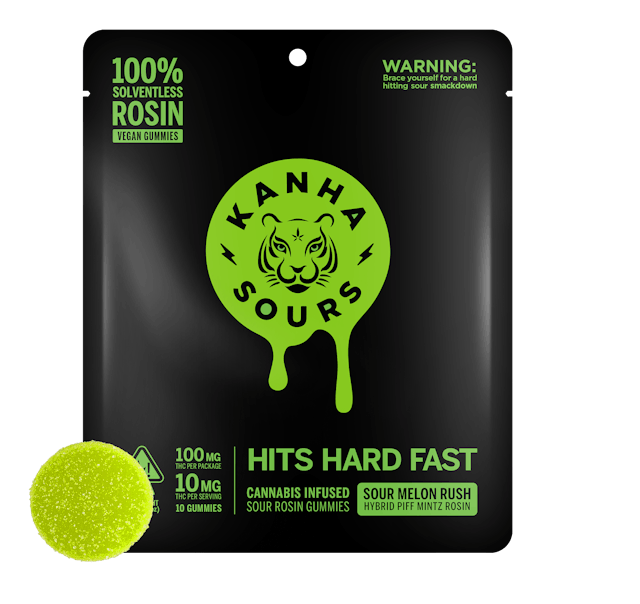 Photograph of product: Vegan Sour Melon Rush Soventless Rosin Gummies 100mg - Sales Floor