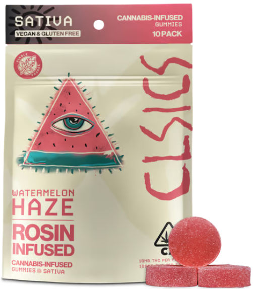 Photograph of product: Watermelon Haze [S] - 100MG Live Rosin Gummies 10PK