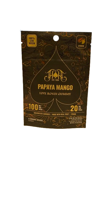 Photograph of product: Heavy Hitters Live Rosin Gummies - Papaya Mango (Hybrid) 100mg 5pk