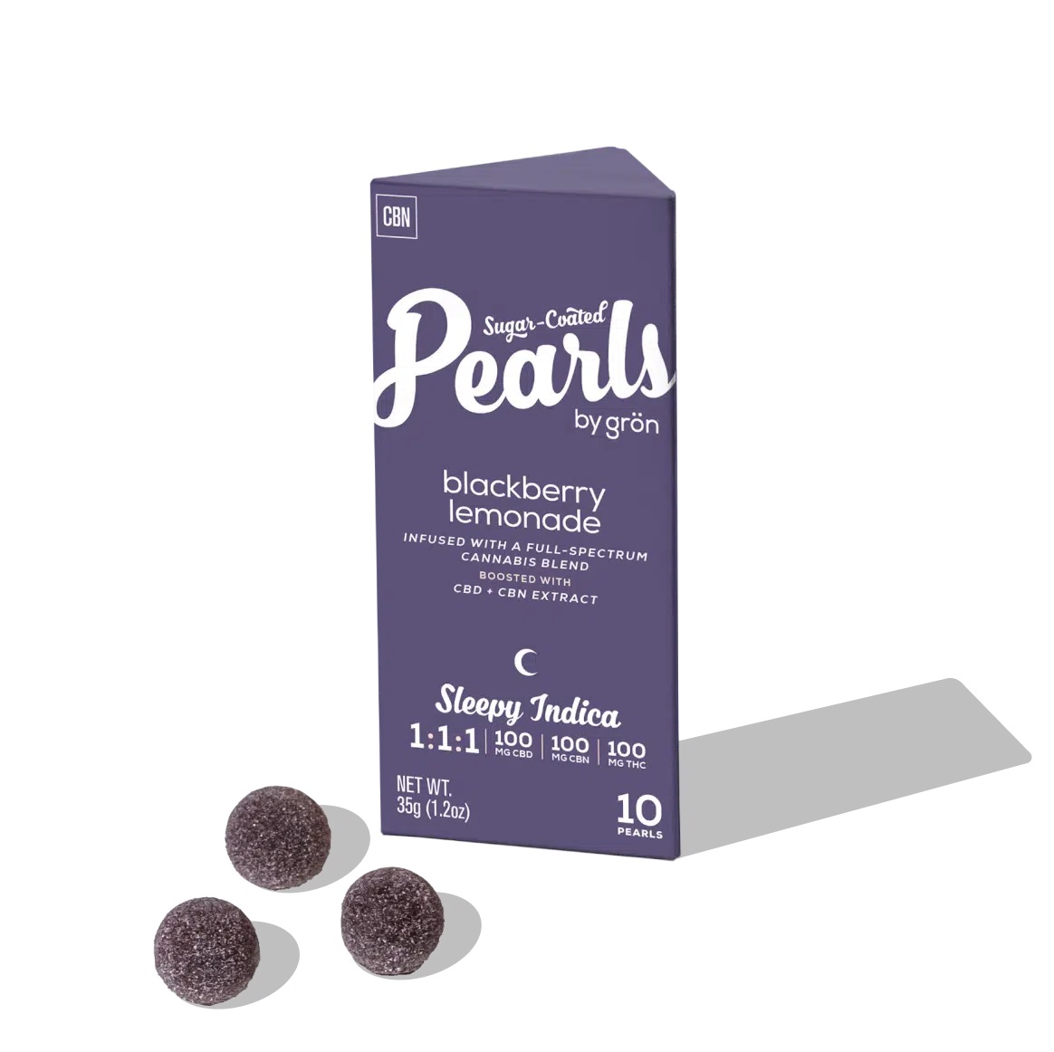 Photograph of product: Grn | Pearls | Blackberry Lemonade | 1 TH-oui : 1 CBN : 1 CBD | 10pk/100mg
