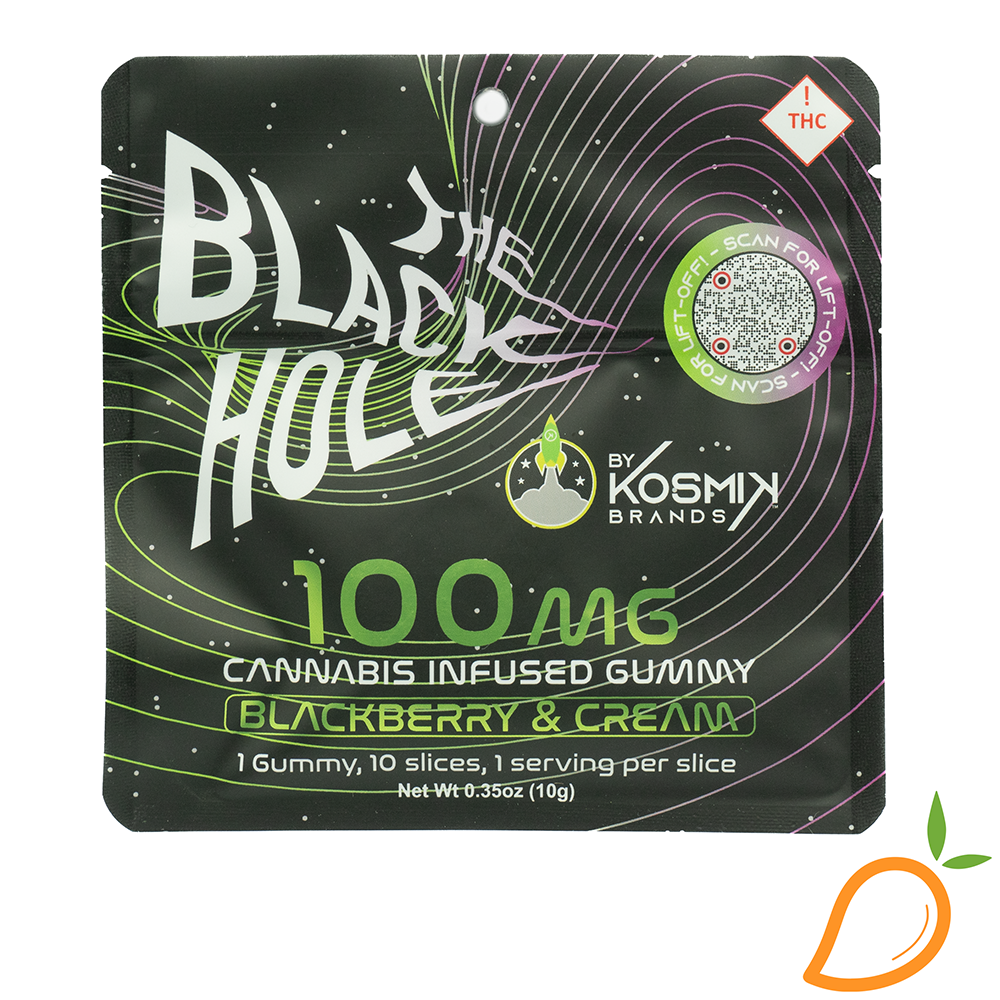 Photograph of product: 100mg Blackberry & Cream Black Hole Multi-Serve Scored Gummies Kosmik
