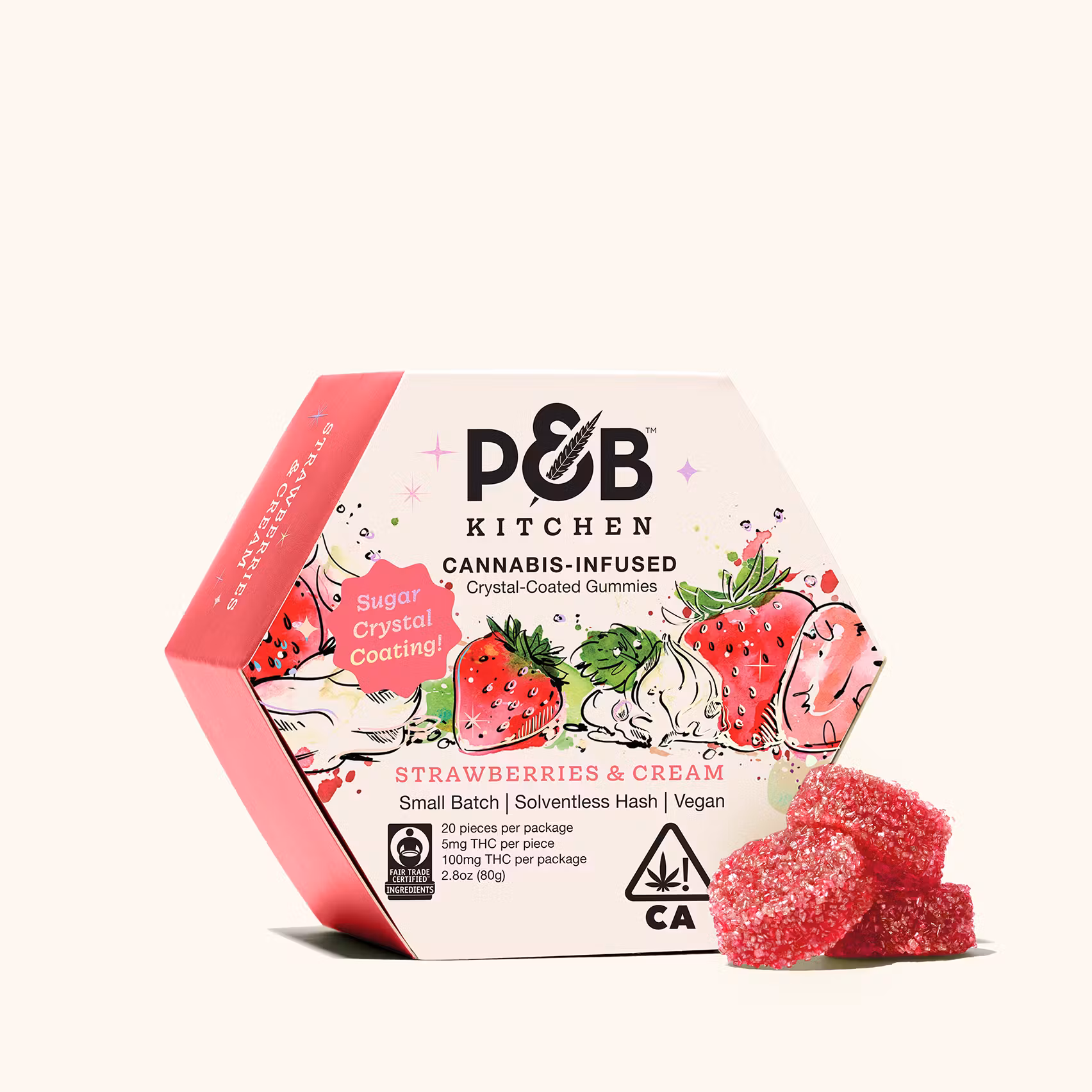 Photograph of Product: Strawberries & Cream [H] | Crystal Coated 100MG (20pk) THC Gummies | P&B Kitchen
