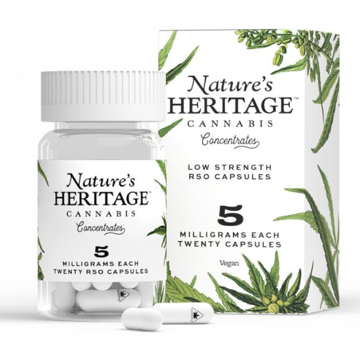 Photograph of product: Nature's Heritage | RSO Capsules | 5mg 20 Pack