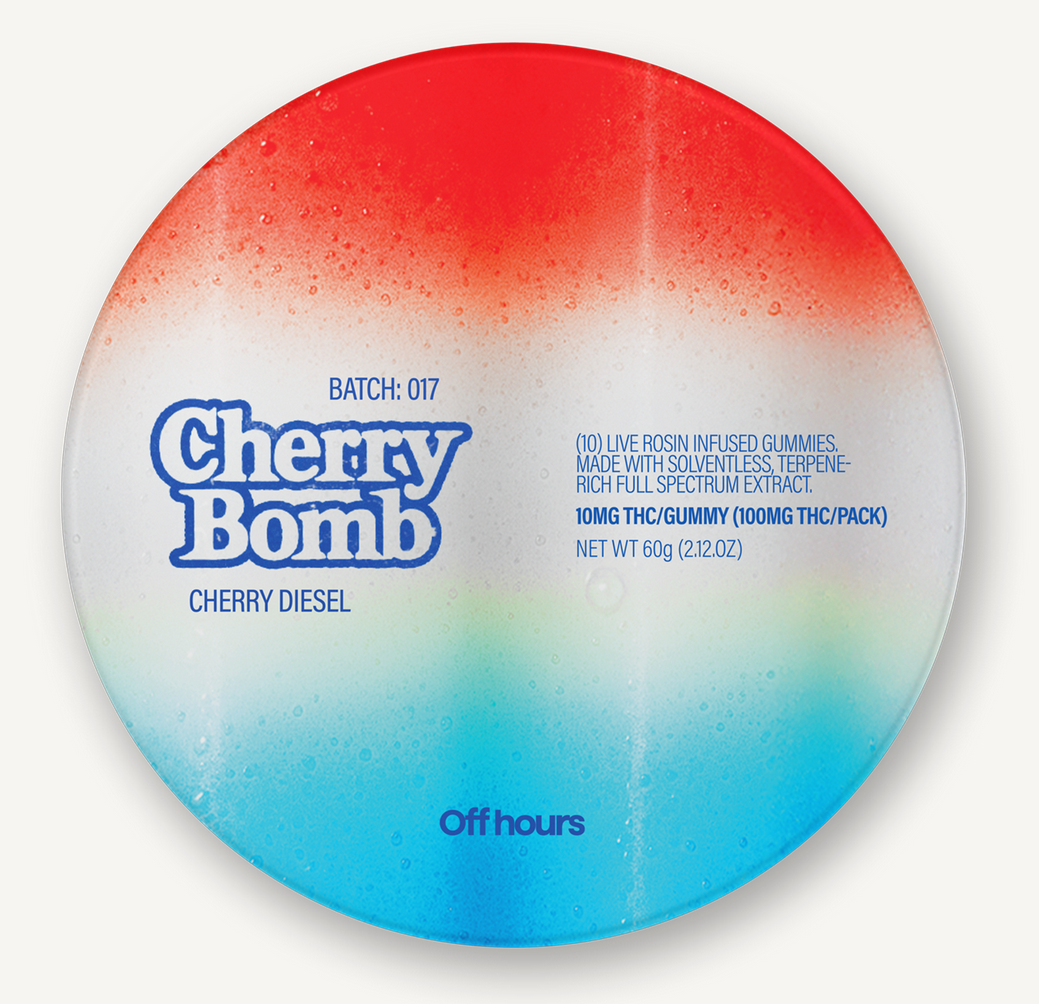 Photograph of product: Cherry Bomb | Cherry Diesel | 100mg TH-oui | Live Rosin Infused Gummies | 10 Pack | Off Hours