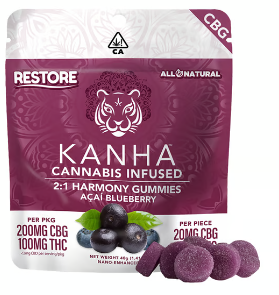 Photograph of product: KANHA  - Nano Restore FX Gummies - Acai Blueberry 2:1 CBG:THC 10pk (100mg)