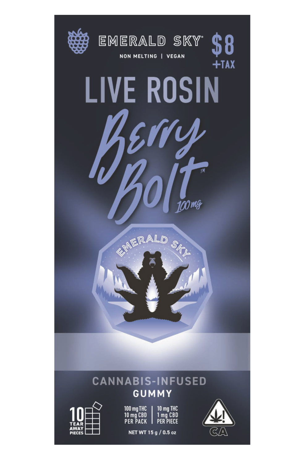 Photograph of product: Berry Bolt Oui'd - 100mg Live Rosin Single Gummy | Emerald Sky
