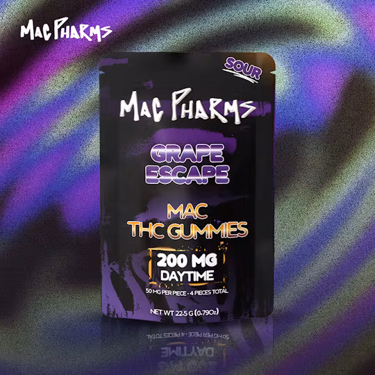 Photograph of product: Mac Pharms - Sour Grape Escape - 200mg Gummies (4x50mg)