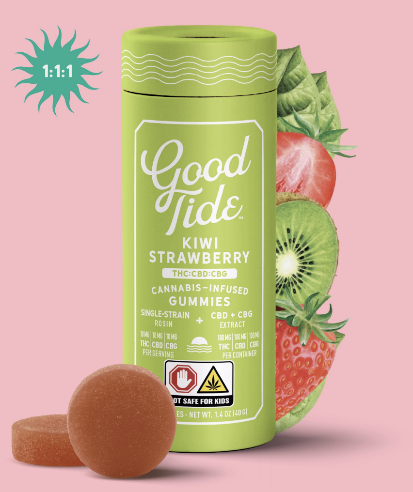 Photograph of product: Good Tide l Kiwi Strawberry Rosin Gummies l 1:1:1 [TH-oui:CBD:CBG] l 10pk l 100mg