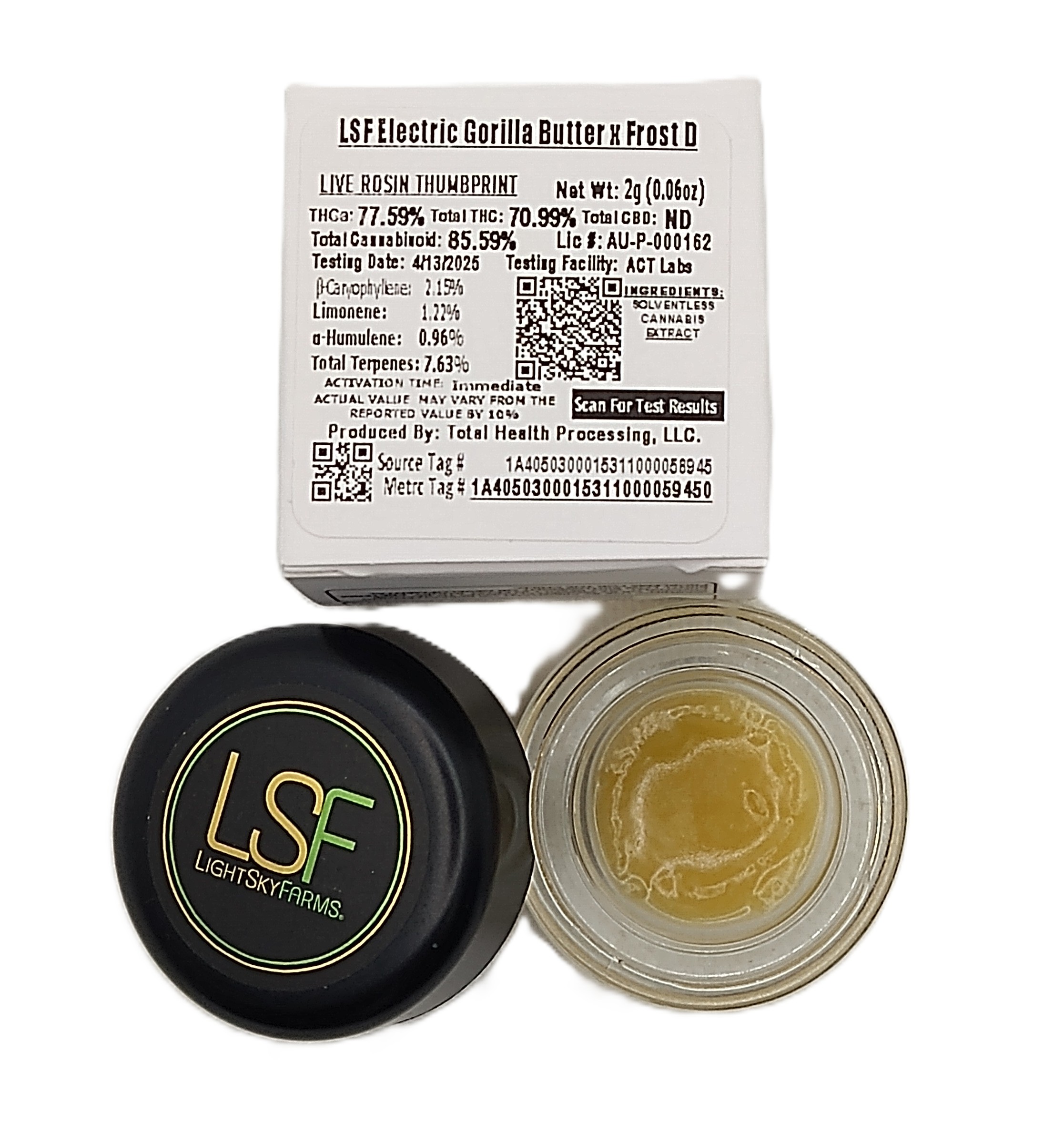 Photograph of product: Light Sky Farms | Electric Gorilla Butter x Frost D | Live Rosin Thumbprint Oui'd