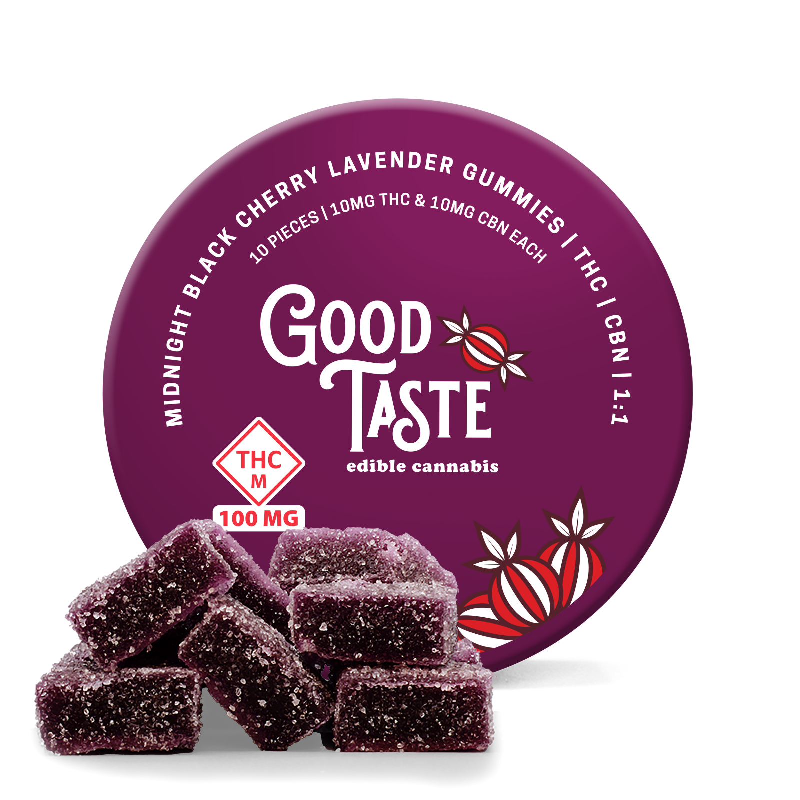 Photograph of product: Midnight Black Cherry Lavender 1:1 CBN:TH-oui Gummies 100mg