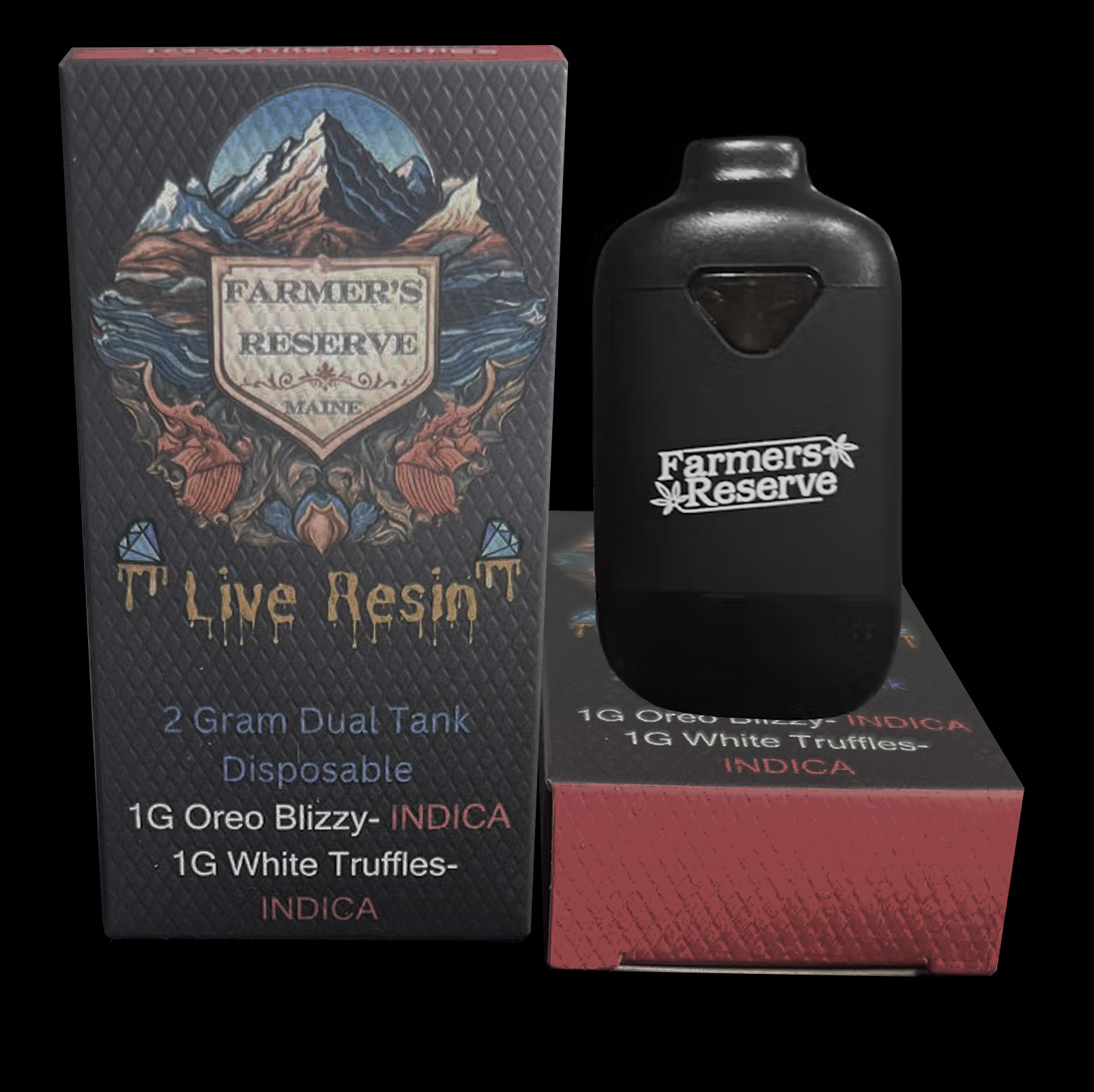 Photograph of product: Farmers Reserve Live Resin Dual Tank Disposable Cart. Oreo Blizzy / White Truffle 2 G