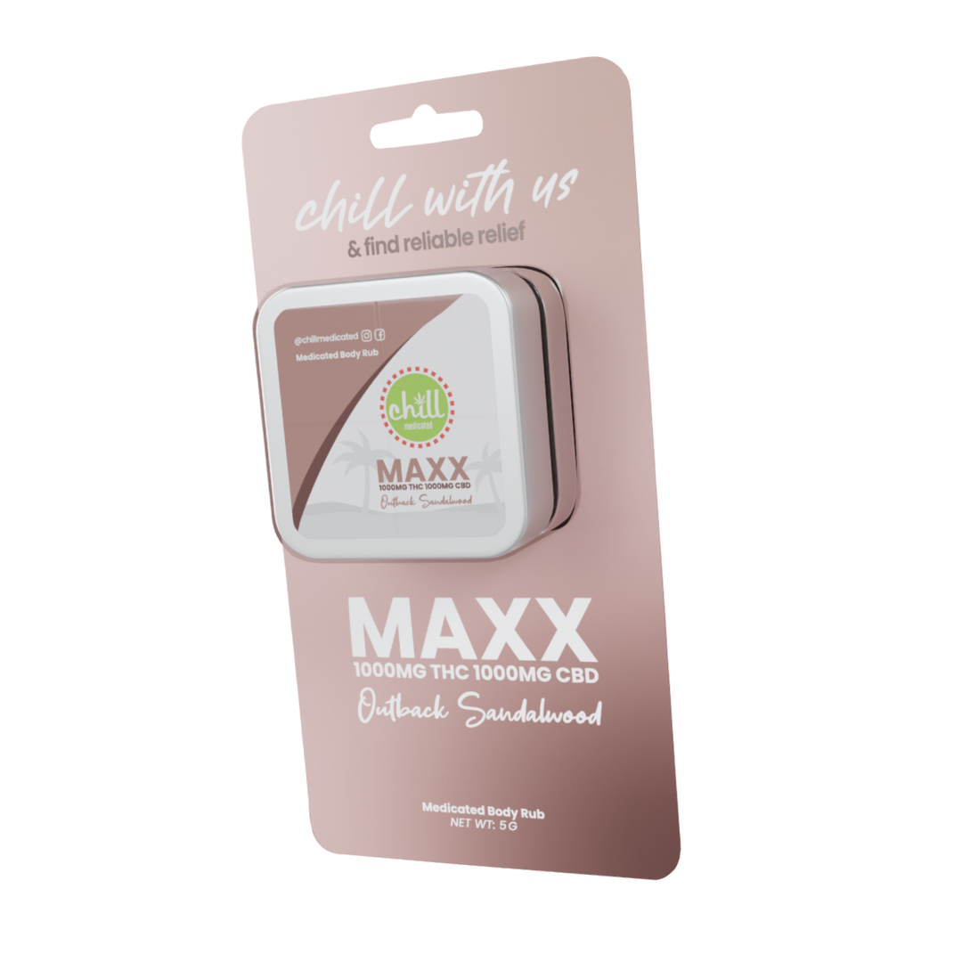 Photograph of product: Chill Medicated | Maxx Outback Sandalwood Body Rub | 1:1 TH-oui:CBD | 60mg