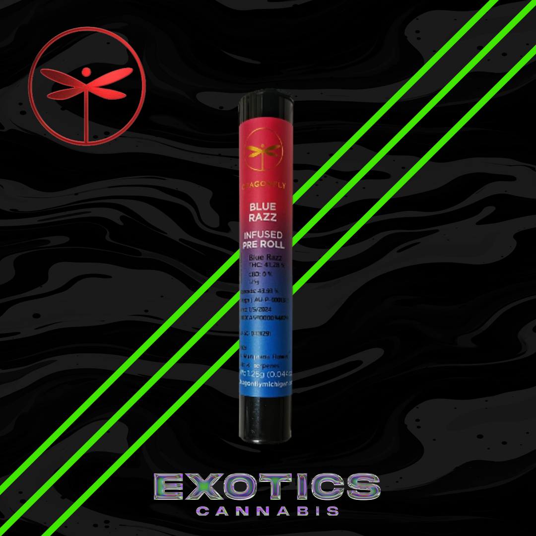 Photograph of product: Dragonfly - Blue Razz Infused Pre-roll (10/$17.49)