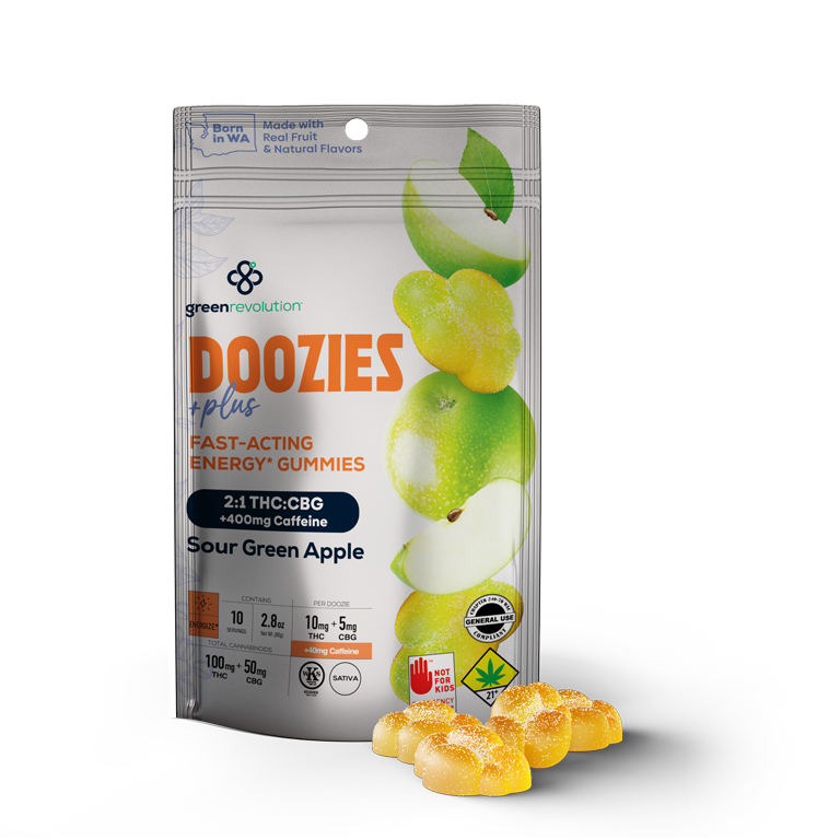 Photograph of product: 2:1 TH-oui:CBD Sour Green Apple Doozies Plus | 10-pack