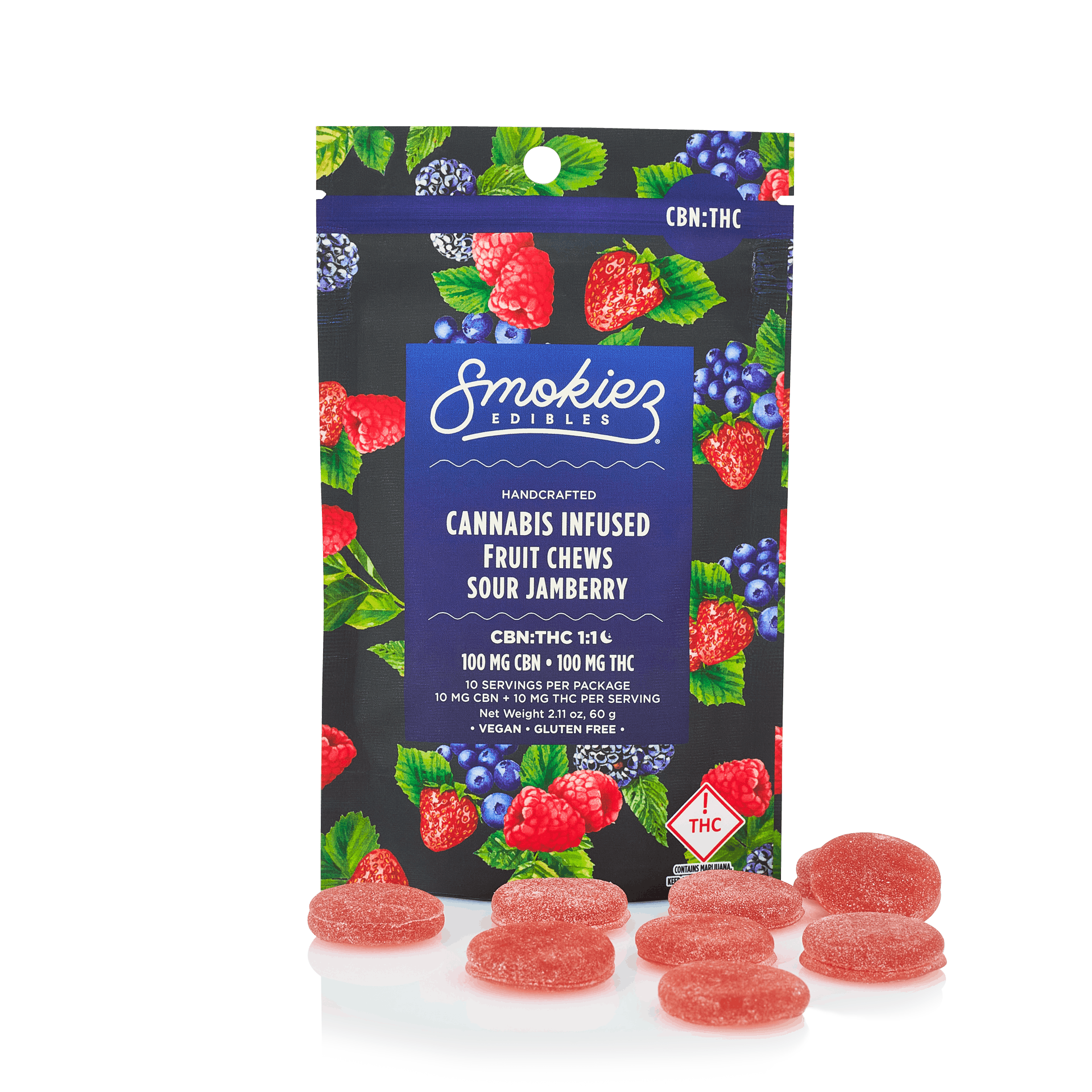 Photograph of product: 1:1 TH-oui:CBN Sour Jamberry Fruit Chews | 10 Pack