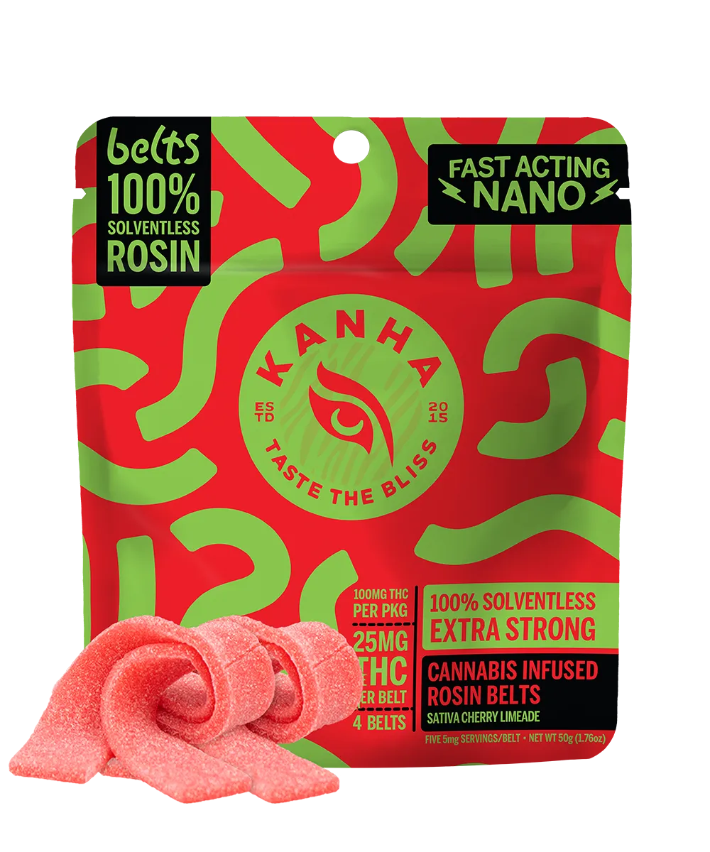 Photograph of product: Live Rosin Gummy Belts | KANHA | Cherry Limeade [Strain: Oneway] [4pk]