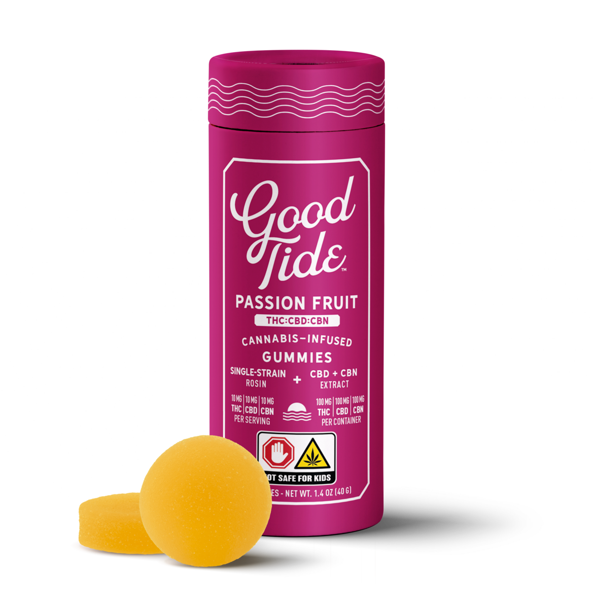 Photograph of product: Good Tide | Passionfruit | Solventless au chocolat Rosin Gummies  | 1:1:1 TH-oui:CBD:CBN | 10pk | 100mg