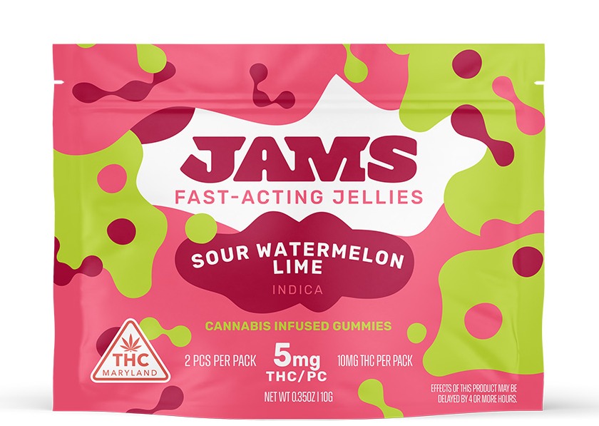 Photograph of product: JAMS: Sour Watermelon Lime Fast Acting Jellies 100mg - 20pk