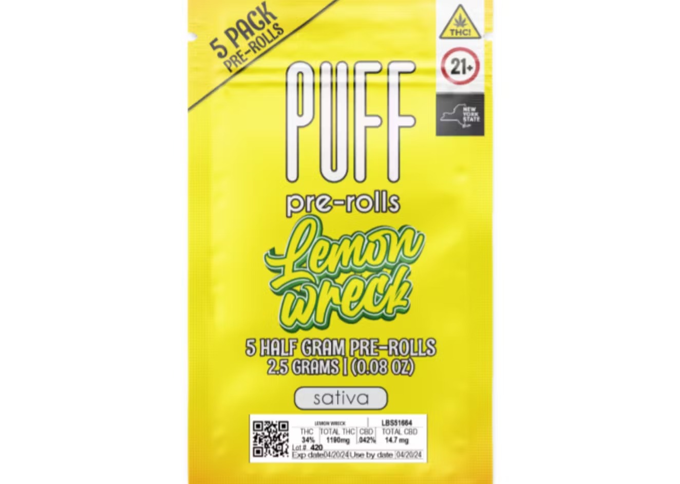 Photograph of product: PUFF | Lemon Wreck | 0.5g Pre-Rolls | 5pk