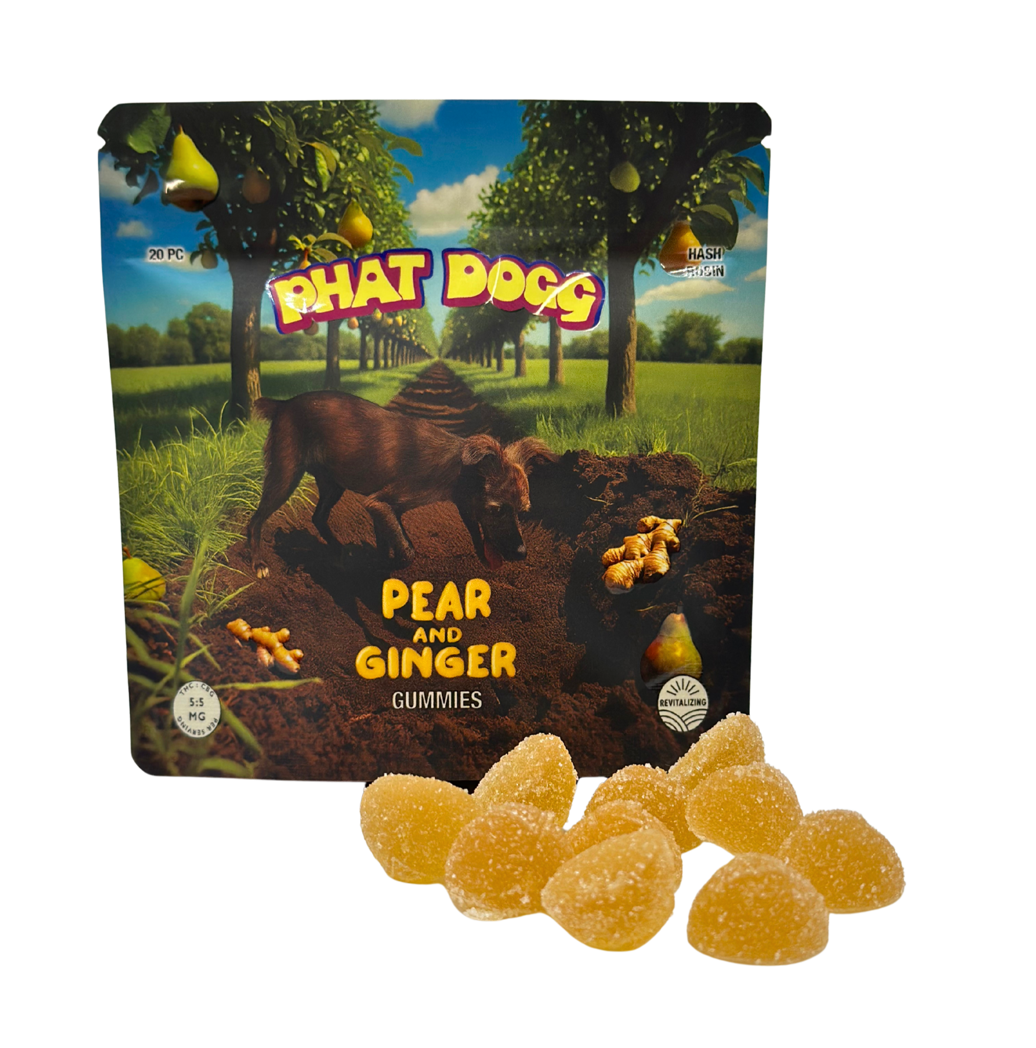 Photograph of product: PEAR & GINGER GUMMIES (5:5 TH-oui:CBG) | RED POP ROSIN INFUSED - 100 MG - 20 PACK