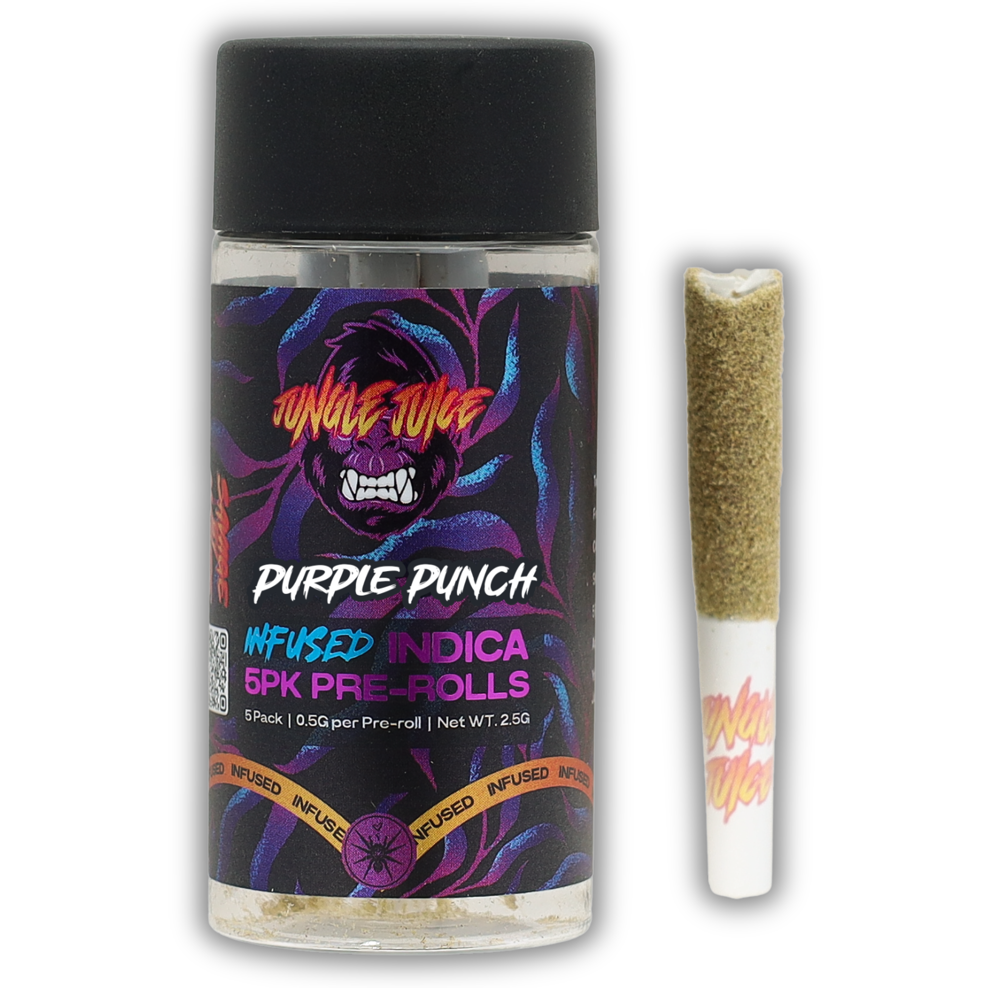 Photograph of product: Jungle Juice | Infused Pre-Roll 5 Pack | Tarantulas | Purple Punch | 0.5g x 5