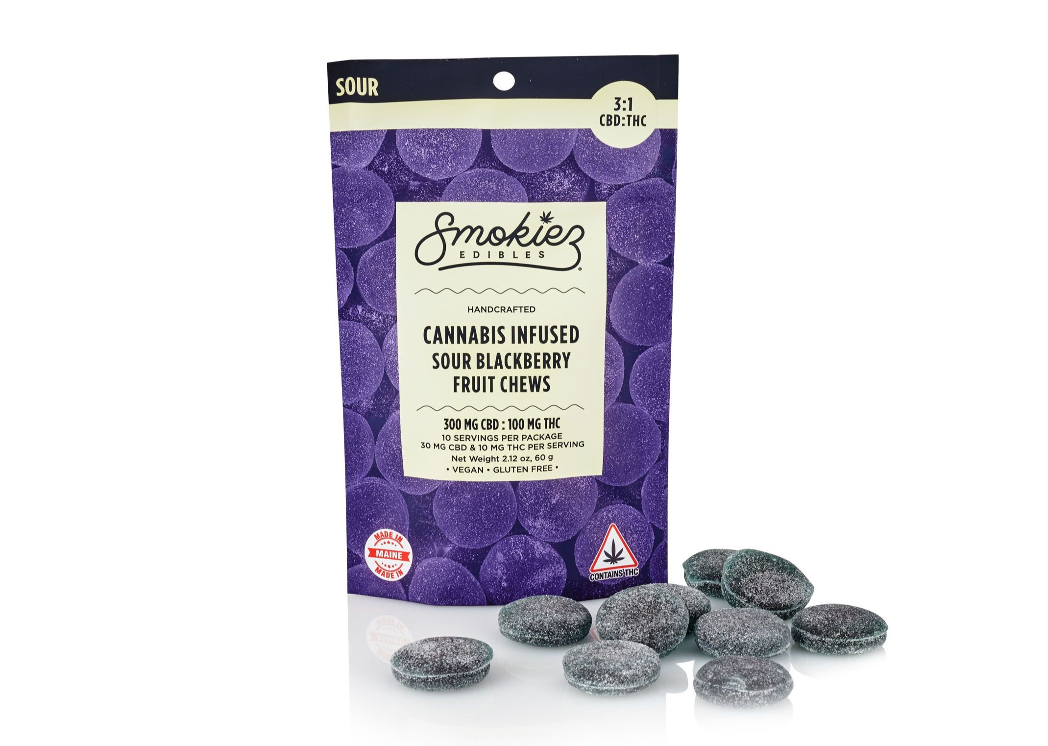 Photograph of product: CBD:TH-oui 3:1 Sour Blackberry 300mg CBD:100mg TH-oui Fruit Chews
