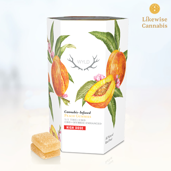 Photograph of product: 20-PACK 1000MG THC 1000MG CBD PEACH 1:1 THC/CBD GUMMIES - WYLD