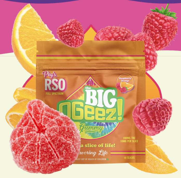 Photograph of product: OGeez! BIG - Raspberry Orange 100mg Peg's Full Spectrum RSO Big Gummy