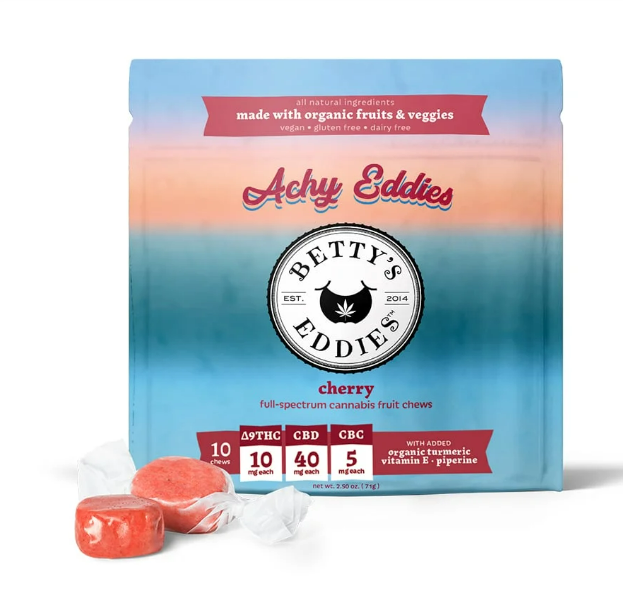 Photograph of product: Betty's Eddies Chews Achy Cherry 1:4:.5 TH-oui:CBD:CBC 10mg