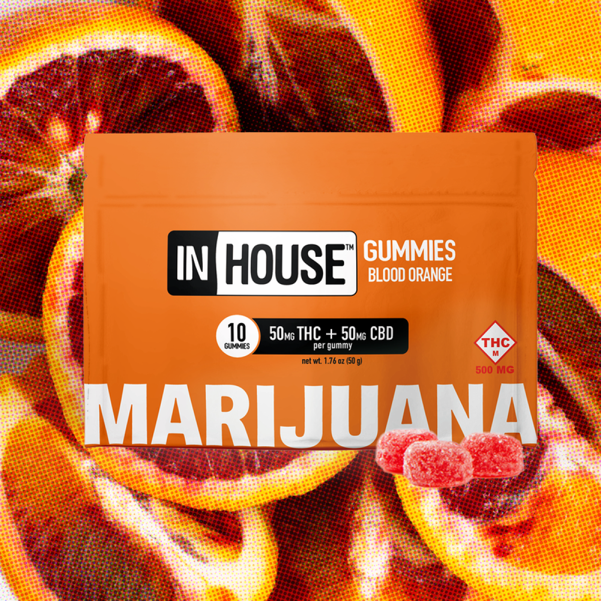Photograph of product: InHouse | Blood Orange 1:1 TH-oui:CBD Gummies | 500mg (10pk)