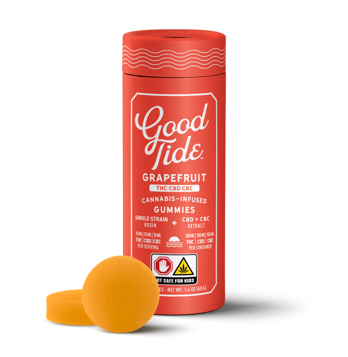 Photograph of product: Good Tide | Grapefruit | Solventless au chocolat Rosin Gummies  | 1:1:1 TH-oui:CBD:CBC | 10pk | 100mg