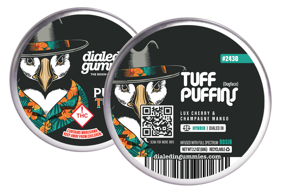 Photograph of product: Dialed In...Gummies (H) Tuff Puffins Batch #2430 Lux Cherry/Champagne Mango Live Rosin Gummies 100mg