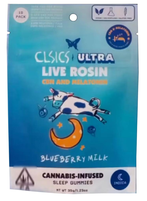 Photograph of product: Blueberry Milk oui'd Live Rosin Gummies 1:1:1 10pk 100mg CLSICS