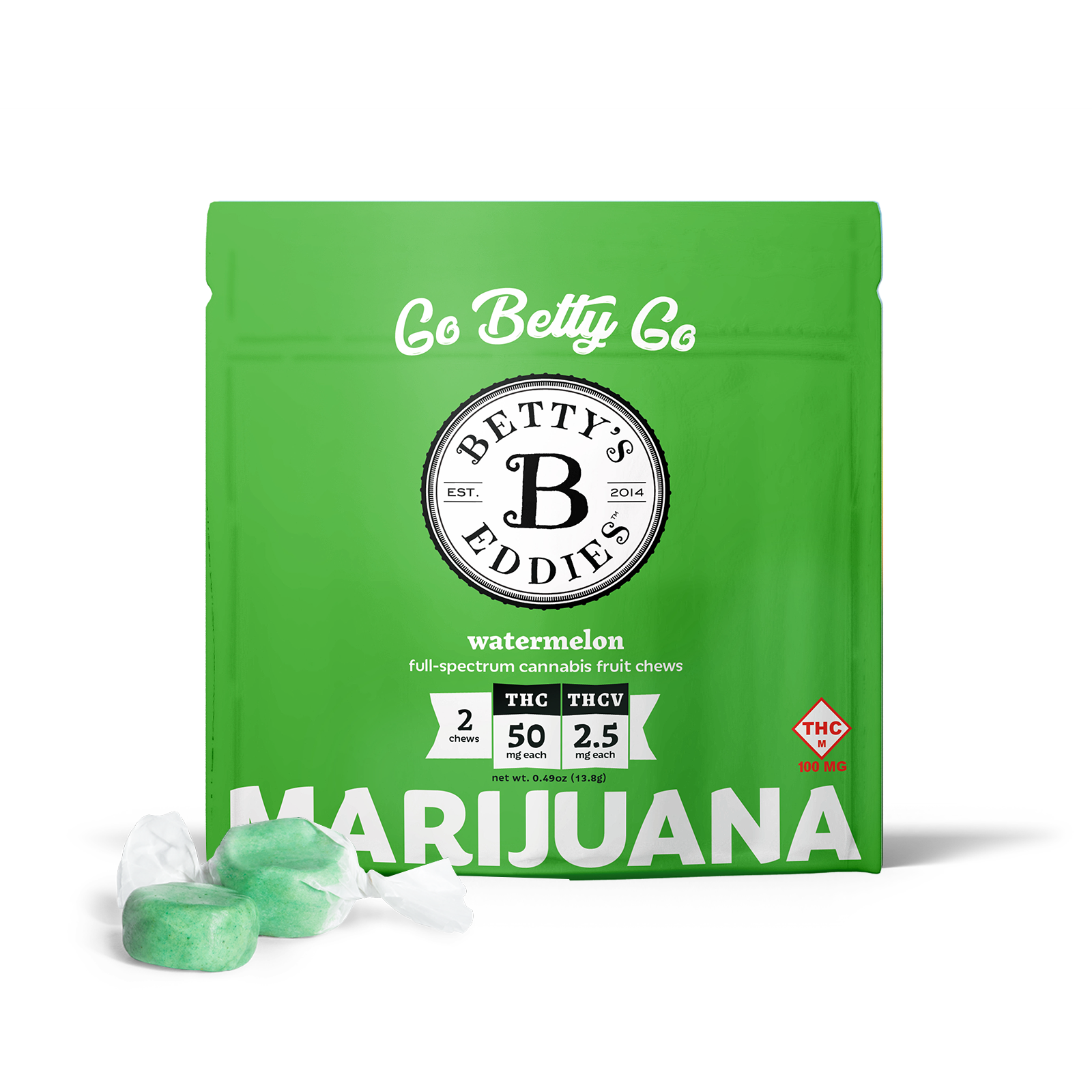 Photograph of Product: Watermelon | 20:1 | THC:THCV | 100mg | 2pk Fruit Chews | Betty's Eddies