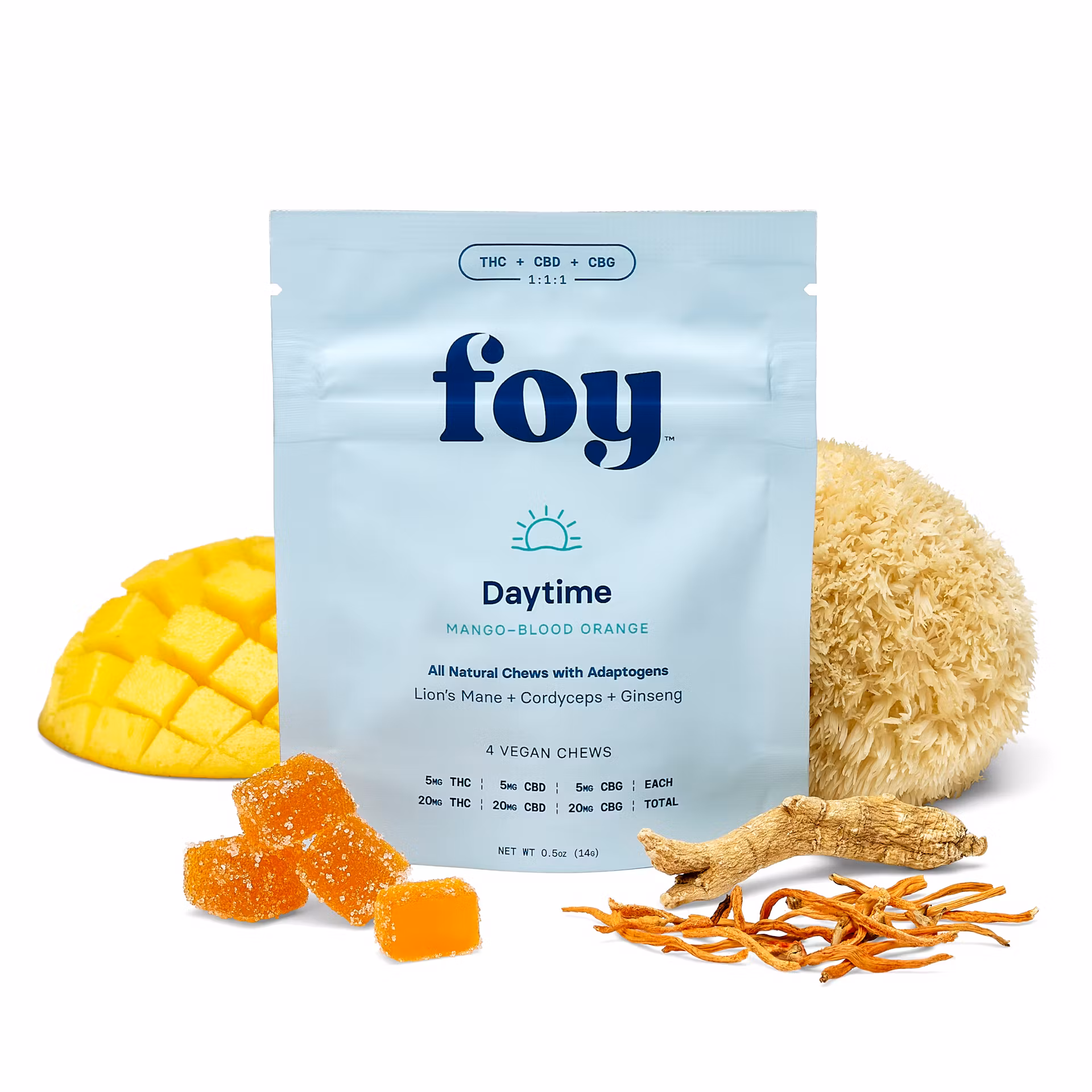 Photograph of product: Daytime Chews w/ Organic Adaptogens Mango Blood Orange 1:1:1 | TH-oui/CBG/CBD | 4 Pack | 60mg