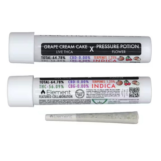 Photograph of product: Element TH-ouia Infused PreRoll - Pressure Potion x Grape Cream Cake