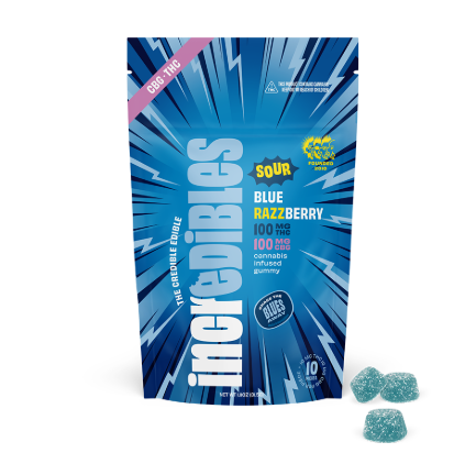 Photograph of product: INCREDIBLES - SOUR BLUE RAZZBERRY (1:1) (TH-oui:CBG) (10PK) (200MG) (H)