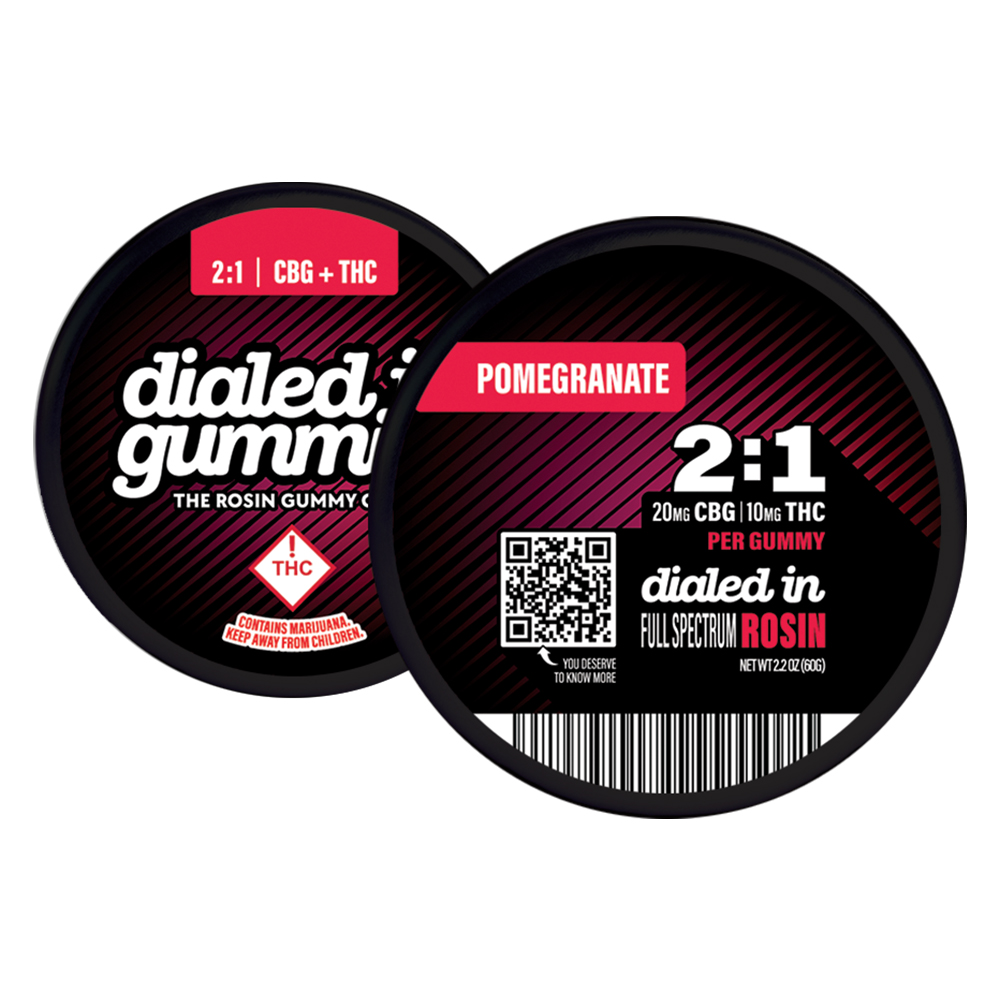Photograph of product: Pomegranate (H) - (2:1 TH-oui:CBG) 100mg Rosin Gummies - Dialed In
