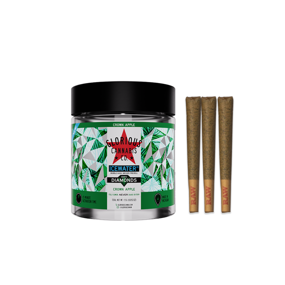 Photograph of product: Glorious | Crown Apple Icewater au chocolat & Diamonds Infused Pre-Roll Pack | 3x0.5g | 1.5g