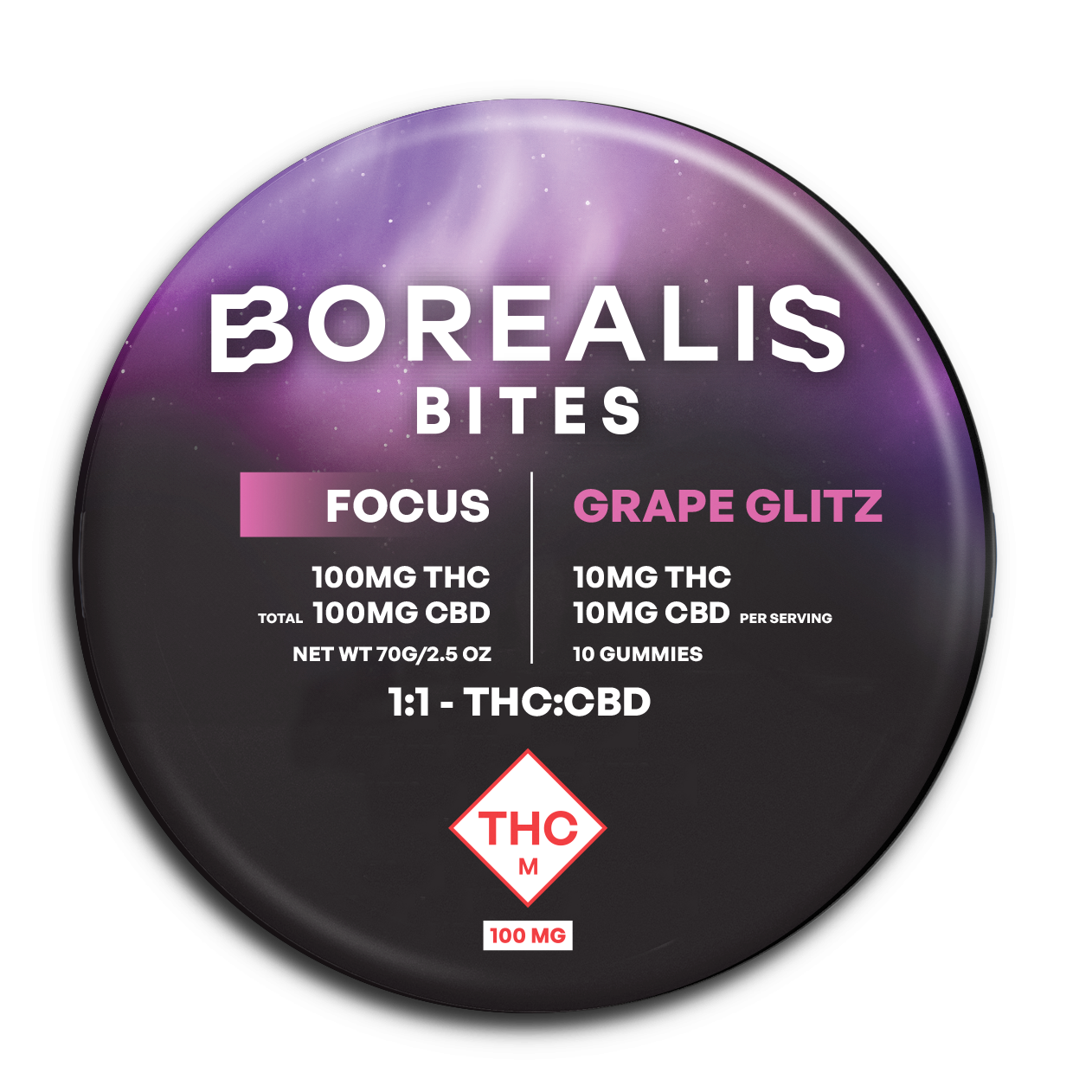 Photograph of product: 1:1 TH-oui/CBD Grape Glitz - Borealis Bites - 100mg Gummies