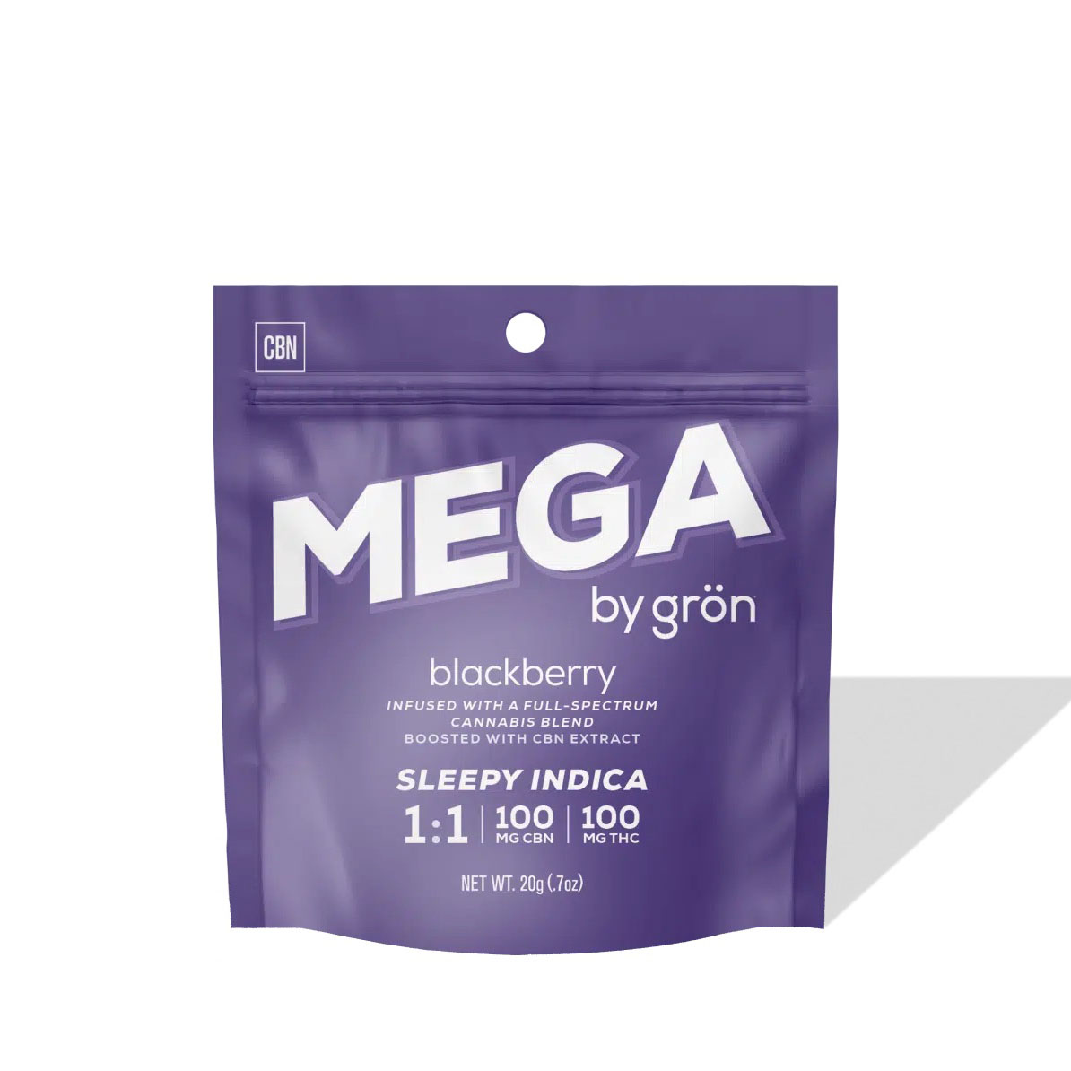 Photograph of product: Grn | Mega Pearl | Blackberry | 1 TH-oui: 1 CBN | 100mg