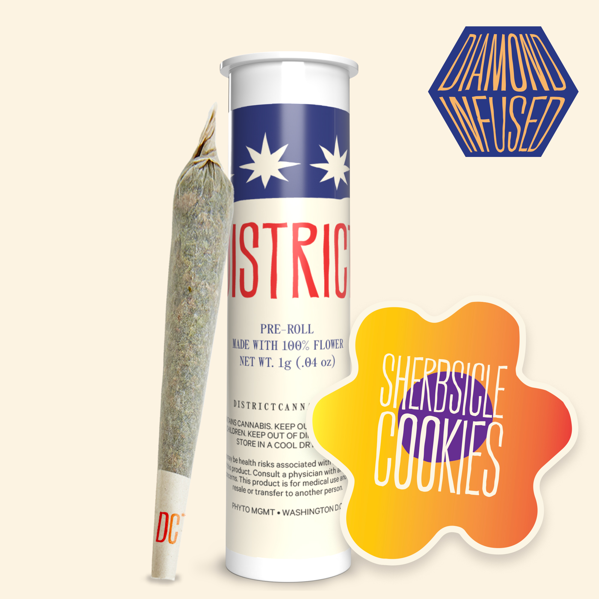 Photograph of product: District Oui'd | Diamond Infused Pre-Rolls | Sherbsicle Cookies | 1g